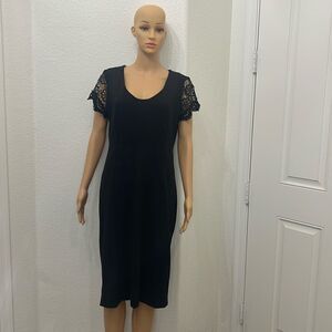 Sharagano Black Dress Scoop Neck Sz 10 Lace Cap Sleeve Midi